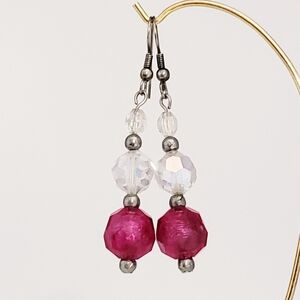 Elegant Vint Hot Pink and Aurora Borealis (AB) Swarovski Crystal Dangly Earrings